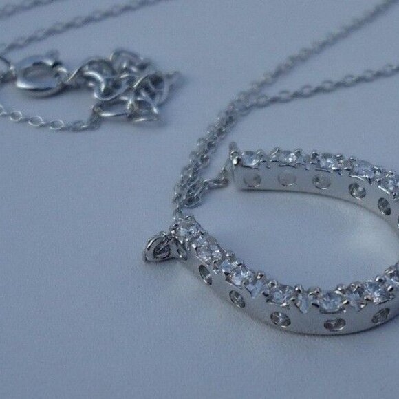 925 STERLING SILVER DESIGNERS "HORSE SHOE"NECKLACE PENDANT SIMULATED DIAMONDS - Picture 6 of 6